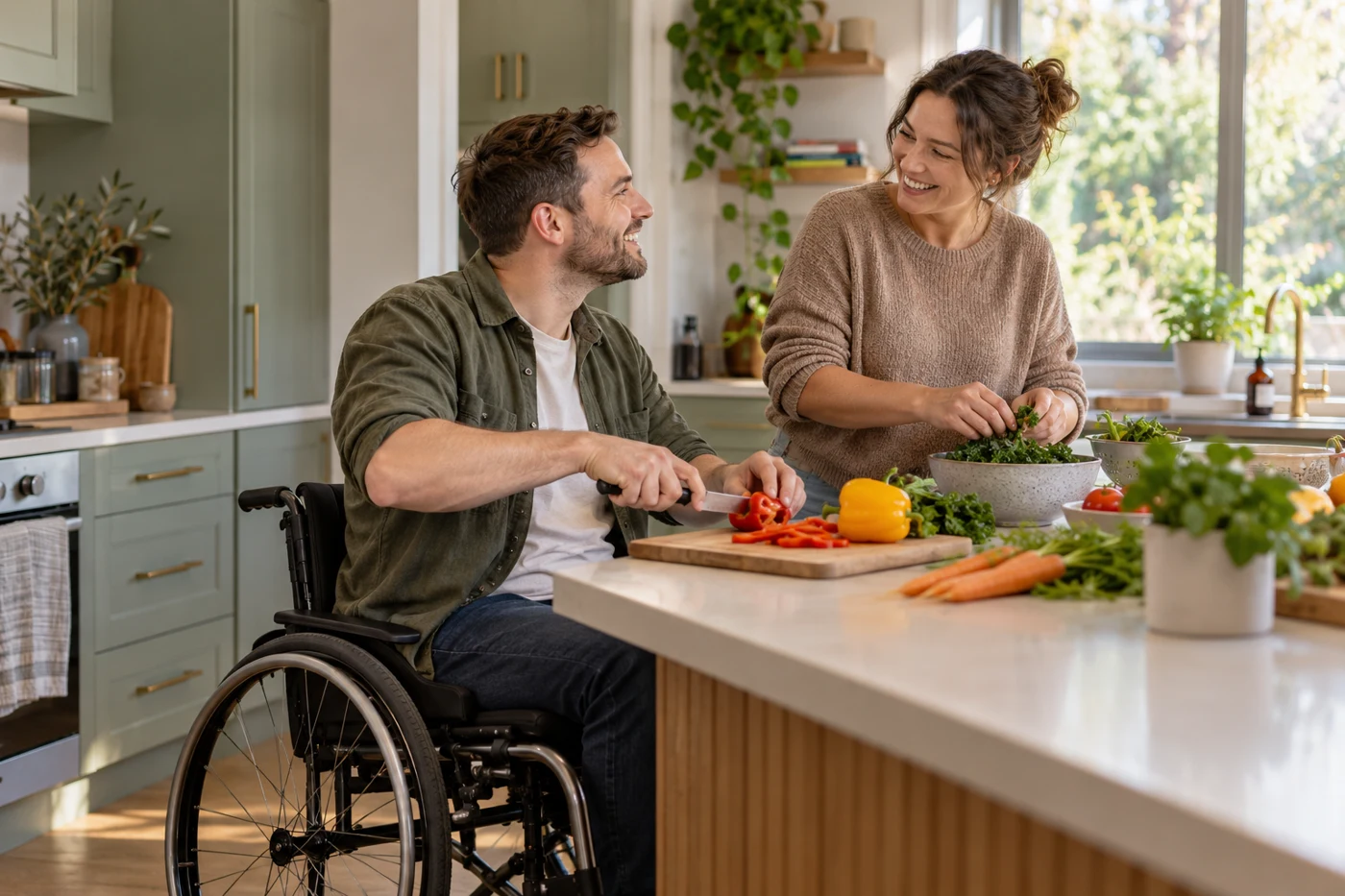 A person using a wheelchair preparing a meal alongside another person
