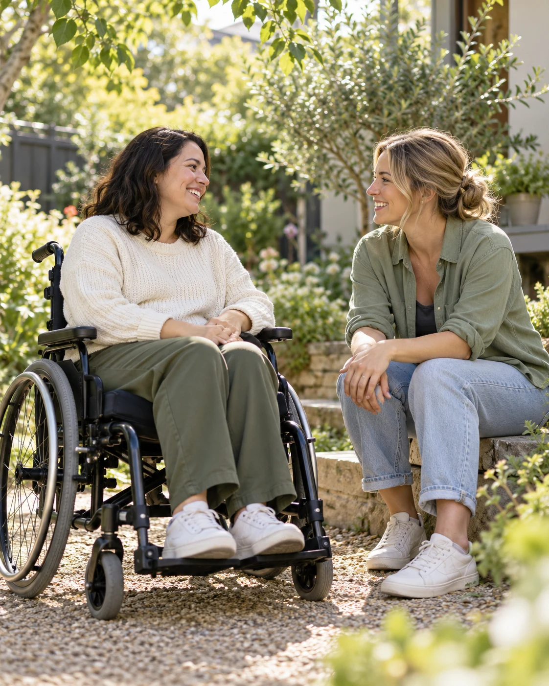 Two people sharing a relaxed conversation outdoors, one using a wheelchair